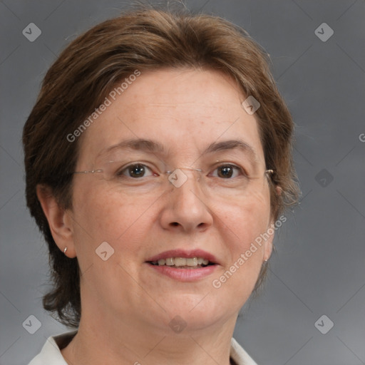 Joyful white adult female with medium  brown hair and brown eyes