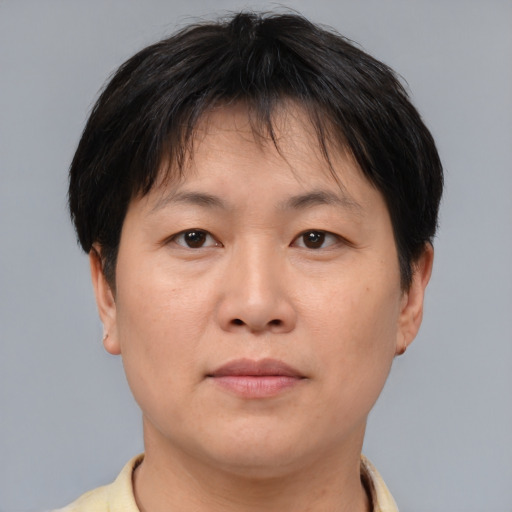 Neutral asian adult female with short  brown hair and brown eyes