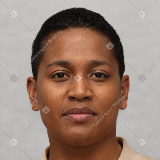 Neutral black young-adult female with short  brown hair and brown eyes