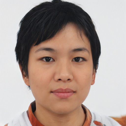 Neutral asian young-adult female with short  black hair and brown eyes