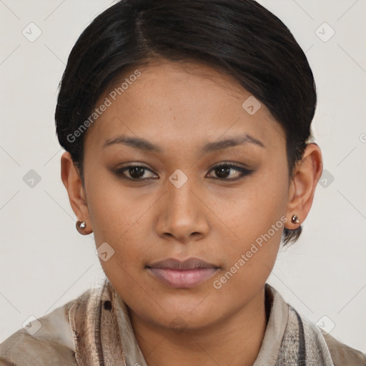 Neutral asian young-adult female with short  brown hair and brown eyes