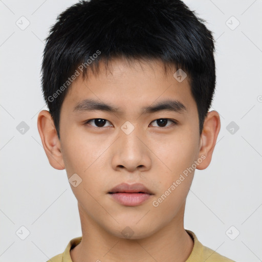 Neutral asian young-adult male with short  black hair and brown eyes