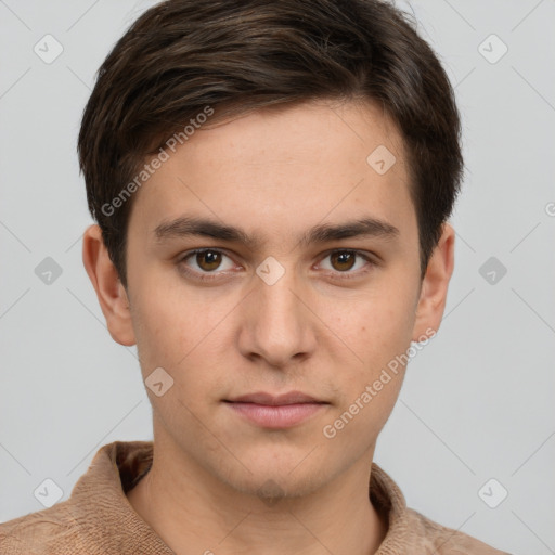 Neutral white young-adult male with short  brown hair and brown eyes