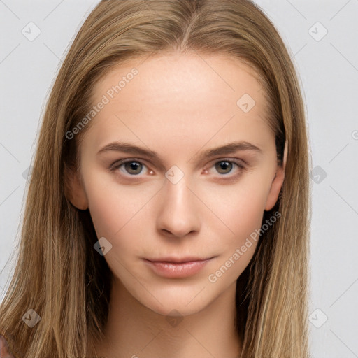 Neutral white young-adult female with long  brown hair and brown eyes