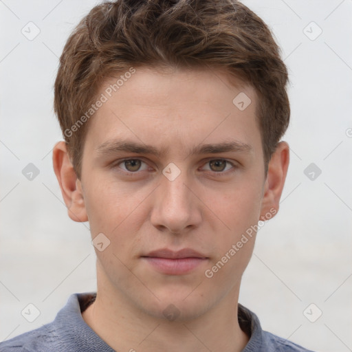 Neutral white young-adult male with short  brown hair and grey eyes