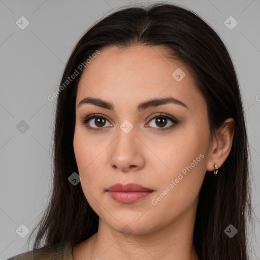 Neutral white young-adult female with long  brown hair and brown eyes