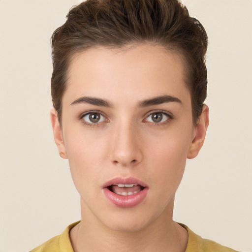 Neutral white young-adult female with short  brown hair and brown eyes