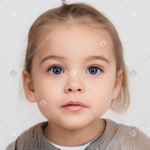 Neutral white child female with medium  brown hair and blue eyes