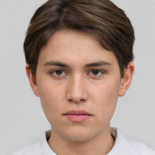 Neutral white young-adult male with short  brown hair and brown eyes