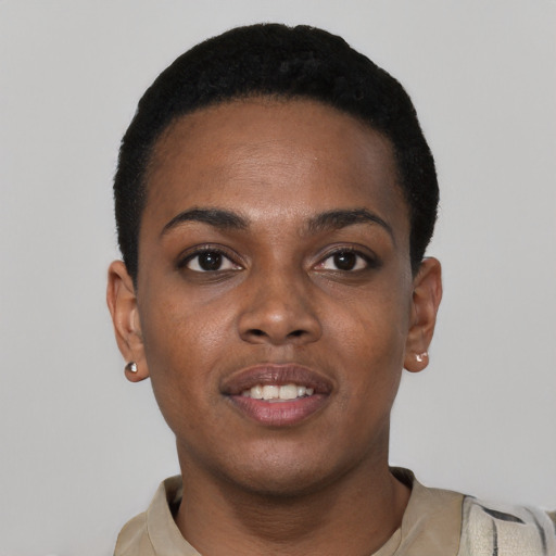 Neutral black young-adult female with short  black hair and brown eyes