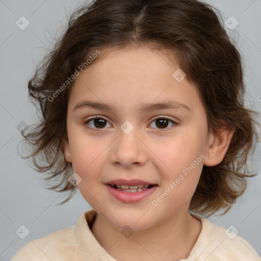 Joyful white child female with medium  brown hair and brown eyes