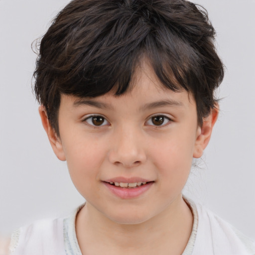 Joyful white child female with short  brown hair and brown eyes