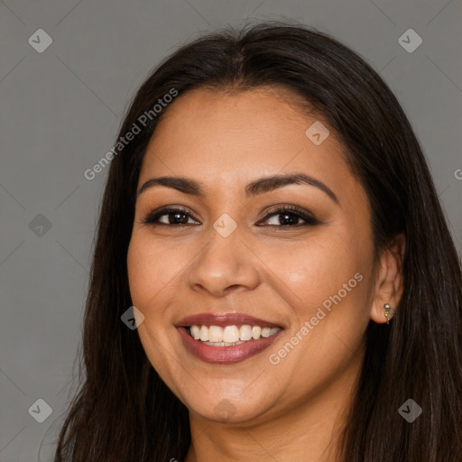 Joyful white young-adult female with long  brown hair and brown eyes