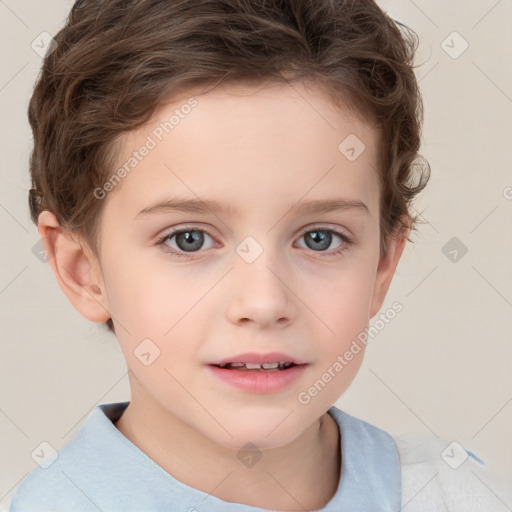 Joyful white child female with short  brown hair and brown eyes