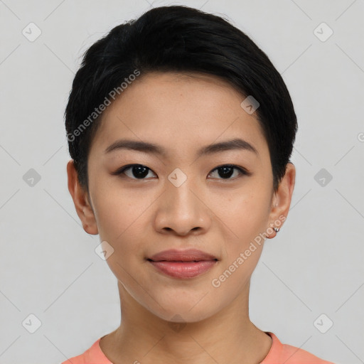 Joyful asian young-adult female with short  black hair and brown eyes