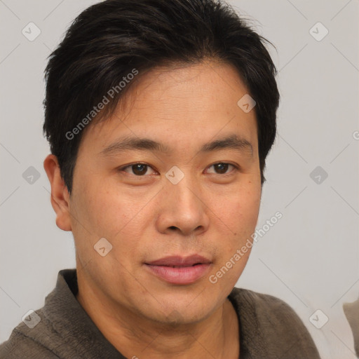 Neutral asian adult male with short  brown hair and brown eyes