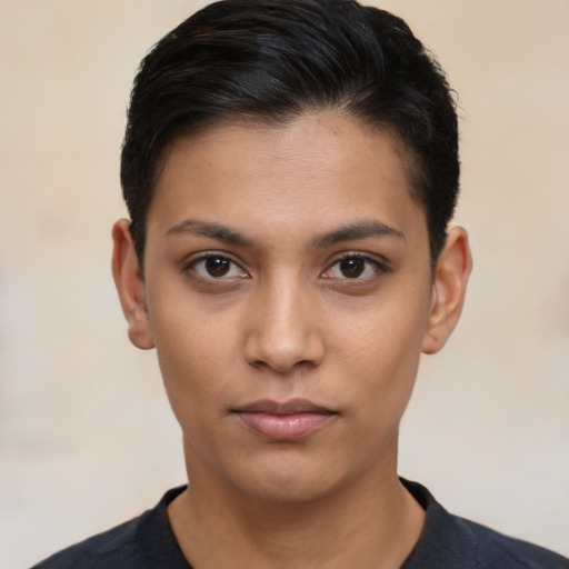 Neutral latino young-adult female with short  black hair and brown eyes