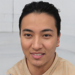 Joyful asian young-adult female with short  brown hair and brown eyes