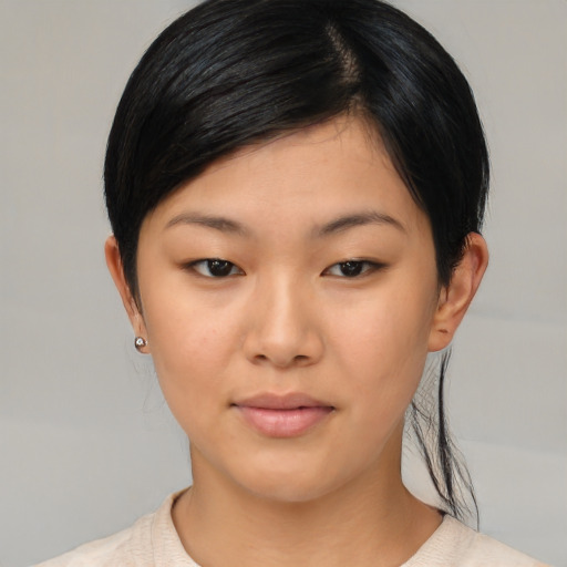 Neutral asian young-adult female with medium  black hair and brown eyes