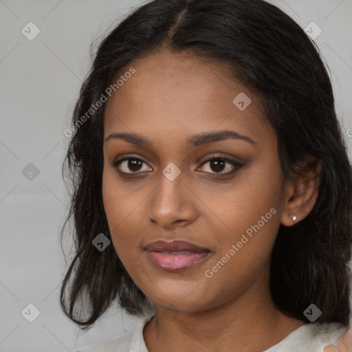 Joyful latino young-adult female with medium  brown hair and brown eyes