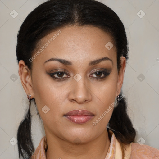 Joyful latino young-adult female with medium  brown hair and brown eyes