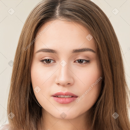 Neutral white young-adult female with long  brown hair and brown eyes