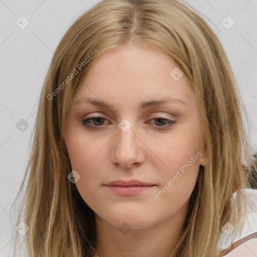 Neutral white young-adult female with medium  brown hair and brown eyes