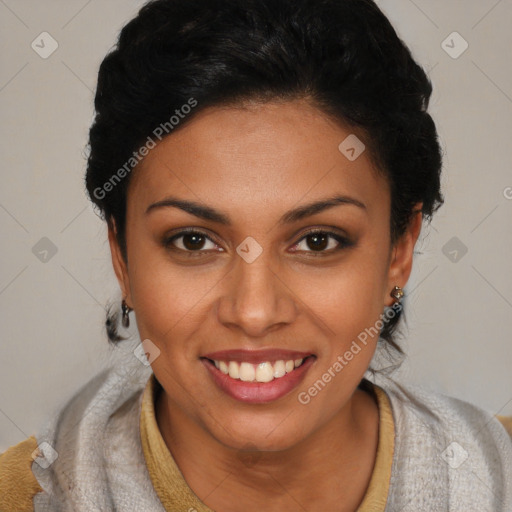 Joyful latino young-adult female with short  black hair and brown eyes