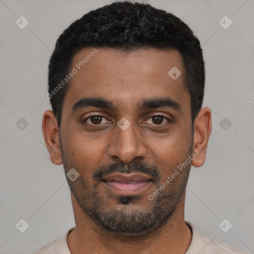 Neutral black young-adult male with short  black hair and brown eyes