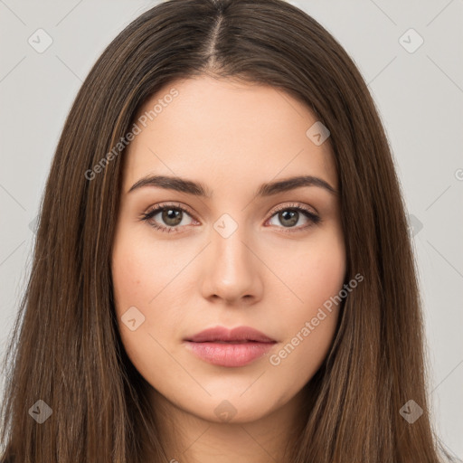 Neutral white young-adult female with long  brown hair and brown eyes