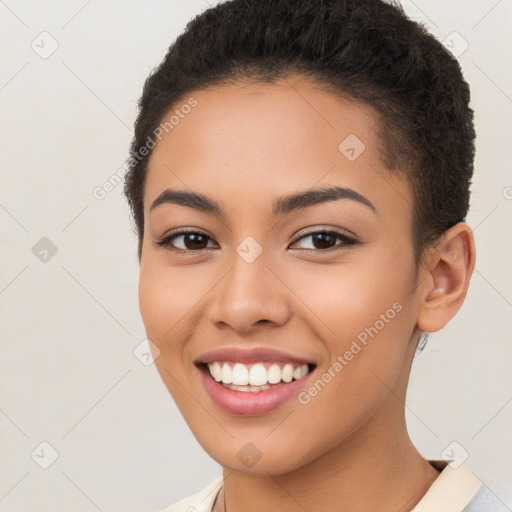 Joyful white young-adult female with short  brown hair and brown eyes