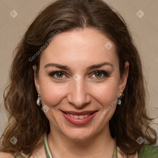 Joyful white young-adult female with medium  brown hair and green eyes