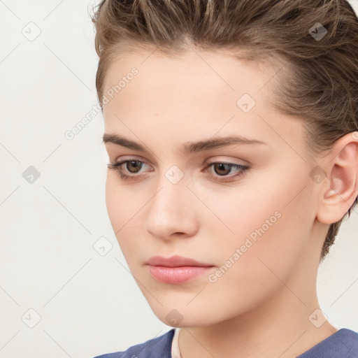 Neutral white young-adult female with medium  brown hair and brown eyes