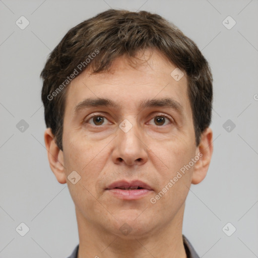 Neutral white adult male with short  brown hair and brown eyes