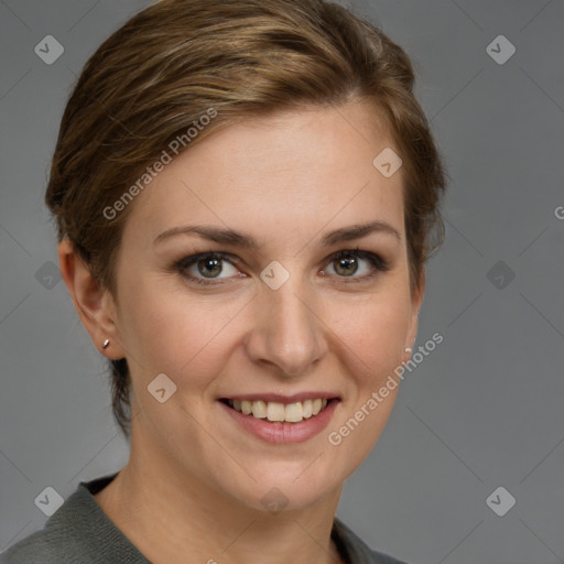 Joyful white young-adult female with medium  brown hair and grey eyes