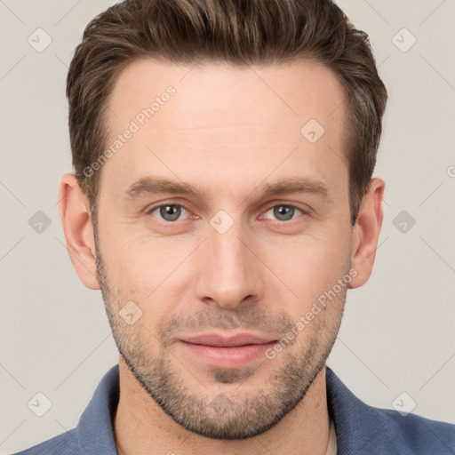 Neutral white young-adult male with short  brown hair and grey eyes