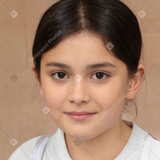 Joyful white child female with medium  brown hair and brown eyes