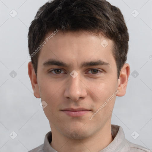 Neutral white young-adult male with short  brown hair and brown eyes