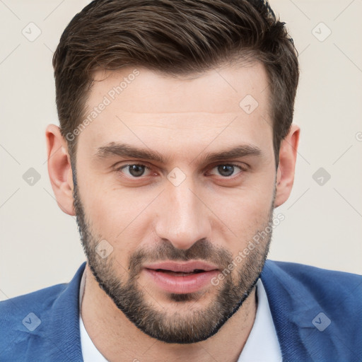 Joyful white young-adult male with short  brown hair and brown eyes