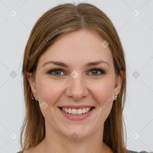 Joyful white young-adult female with long  brown hair and grey eyes