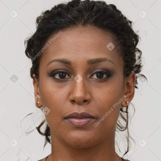 Neutral black young-adult female with short  brown hair and brown eyes