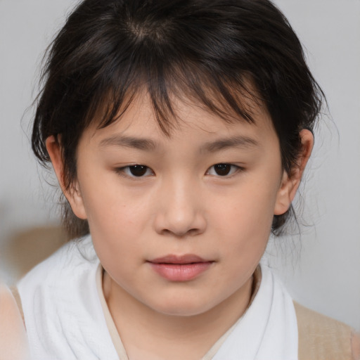 Joyful white child female with medium  brown hair and brown eyes