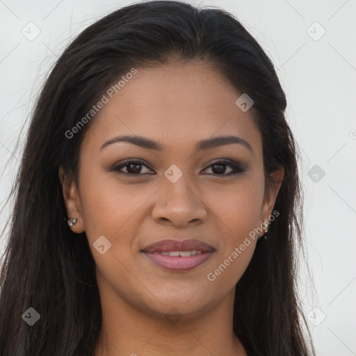 Joyful latino young-adult female with long  brown hair and brown eyes