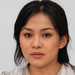 Neutral asian young-adult female with medium  black hair and brown eyes