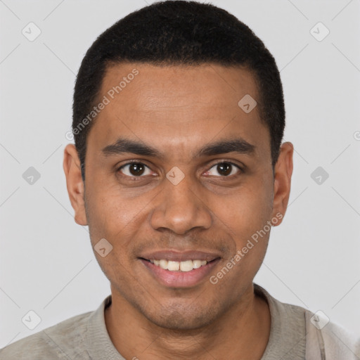 Joyful black young-adult male with short  black hair and brown eyes