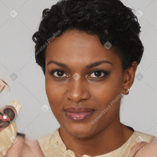 Joyful latino young-adult female with short  black hair and brown eyes