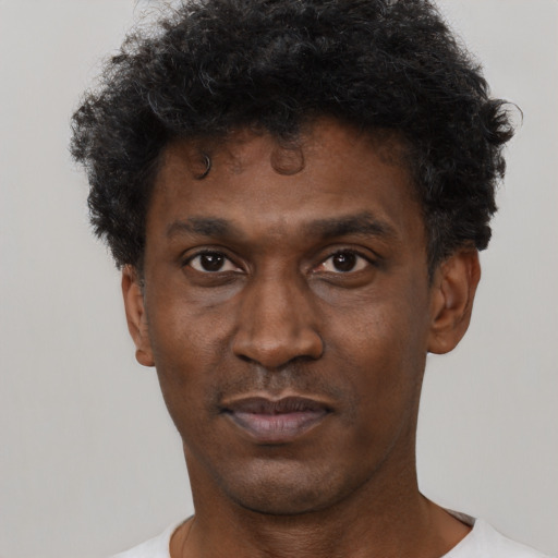 Neutral black adult male with short  black hair and brown eyes
