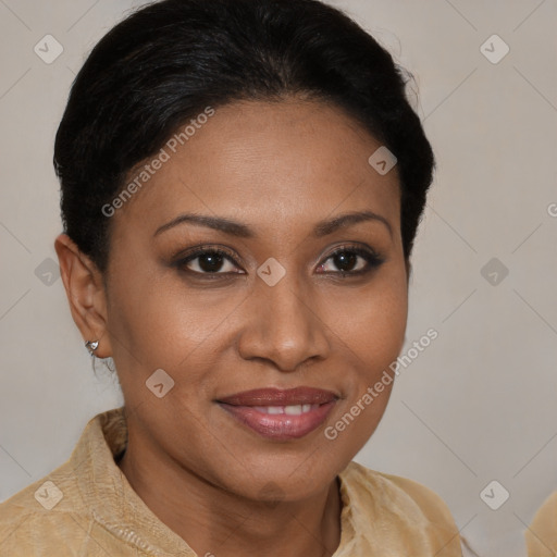 Joyful latino young-adult female with short  brown hair and brown eyes