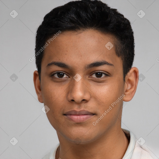 Neutral latino young-adult male with short  black hair and brown eyes