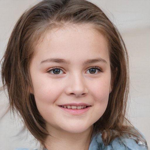 Joyful white child female with medium  brown hair and blue eyes